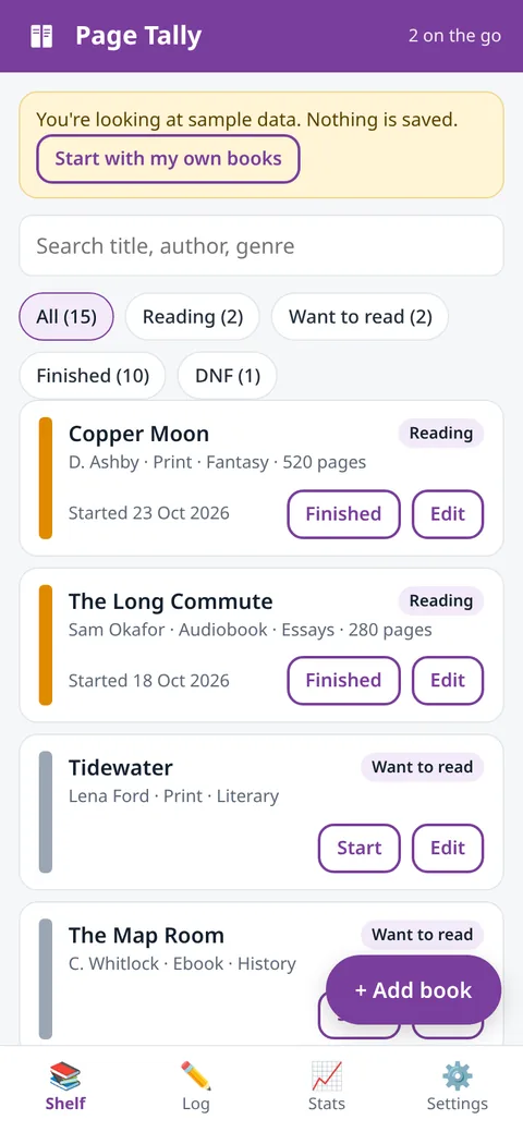 Page Tally screenshot: Shelf view with books grouped by status