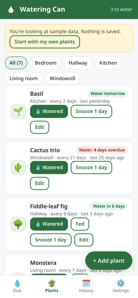 Watering Can screenshot: All plants view filtered by room